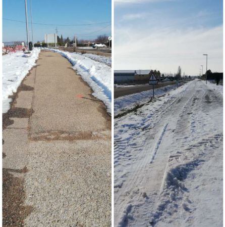 El carril bici limpiado por los agricultores frente la parte de Aranda, sin limpiar