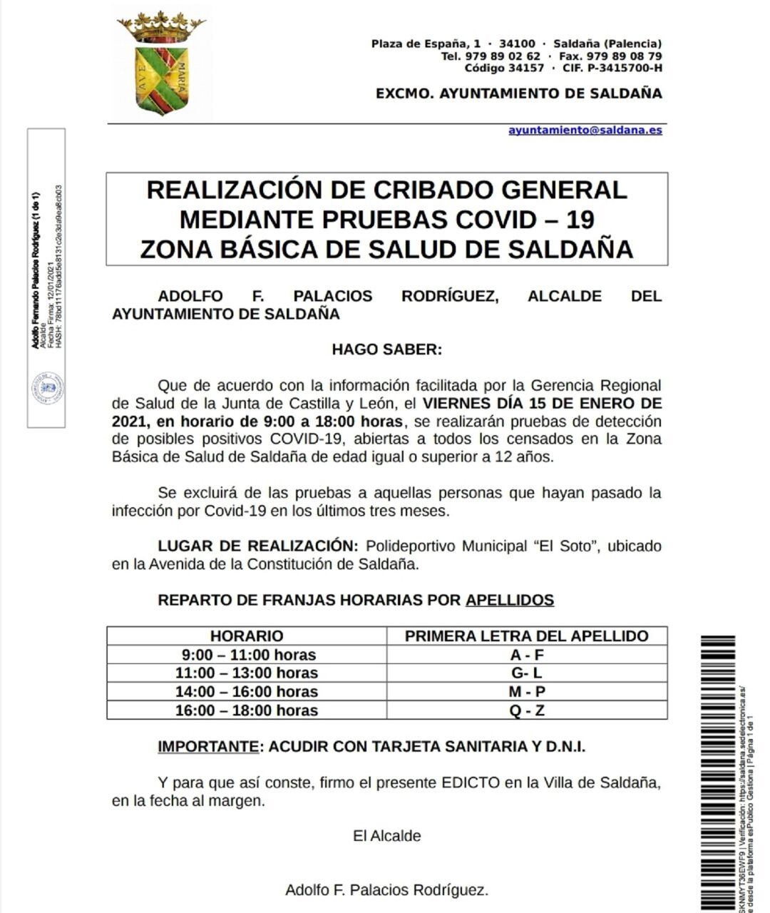 Los ayuntamientos de Cervera y saldaña han emitido sendos bandos para informar a la población