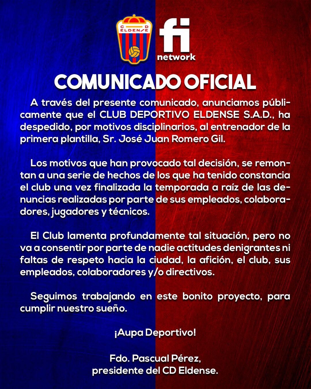 Comunicado del Eldense anunciando el despido del entrenador, José Juan Romero