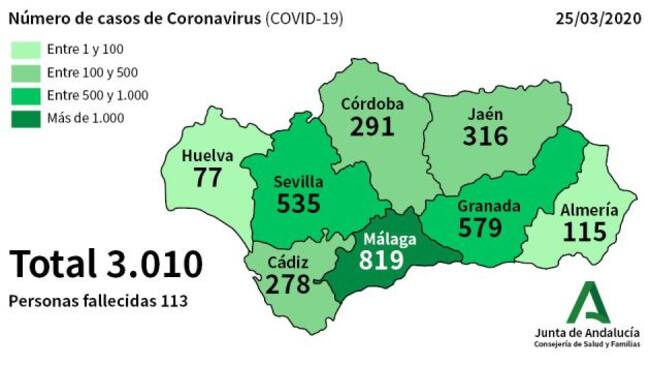 Mapa de la incidencia del Coronavirus en Andalucía con fecha del 25 de marzo