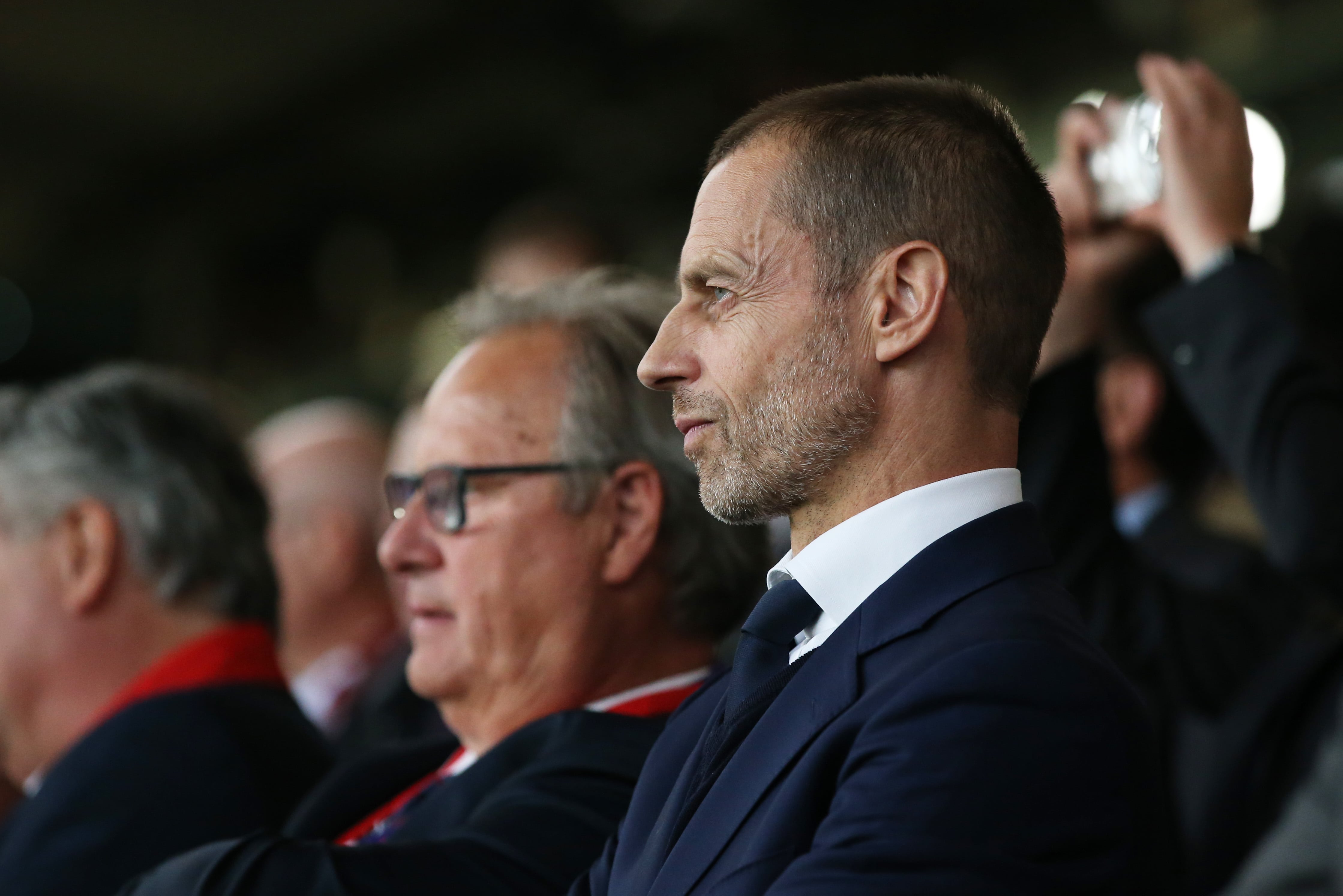 MANCHESTER, ENGLAND - JULY 06: UEFA President, Aleksander Ceferin watches on during the UEFA Women&#039;s EURO 2022 group A match between England and Austria at Old Trafford on July 06, 2022 in Manchester, England. (Photo by Alex Livesey - UEFA/UEFA via Getty Images)