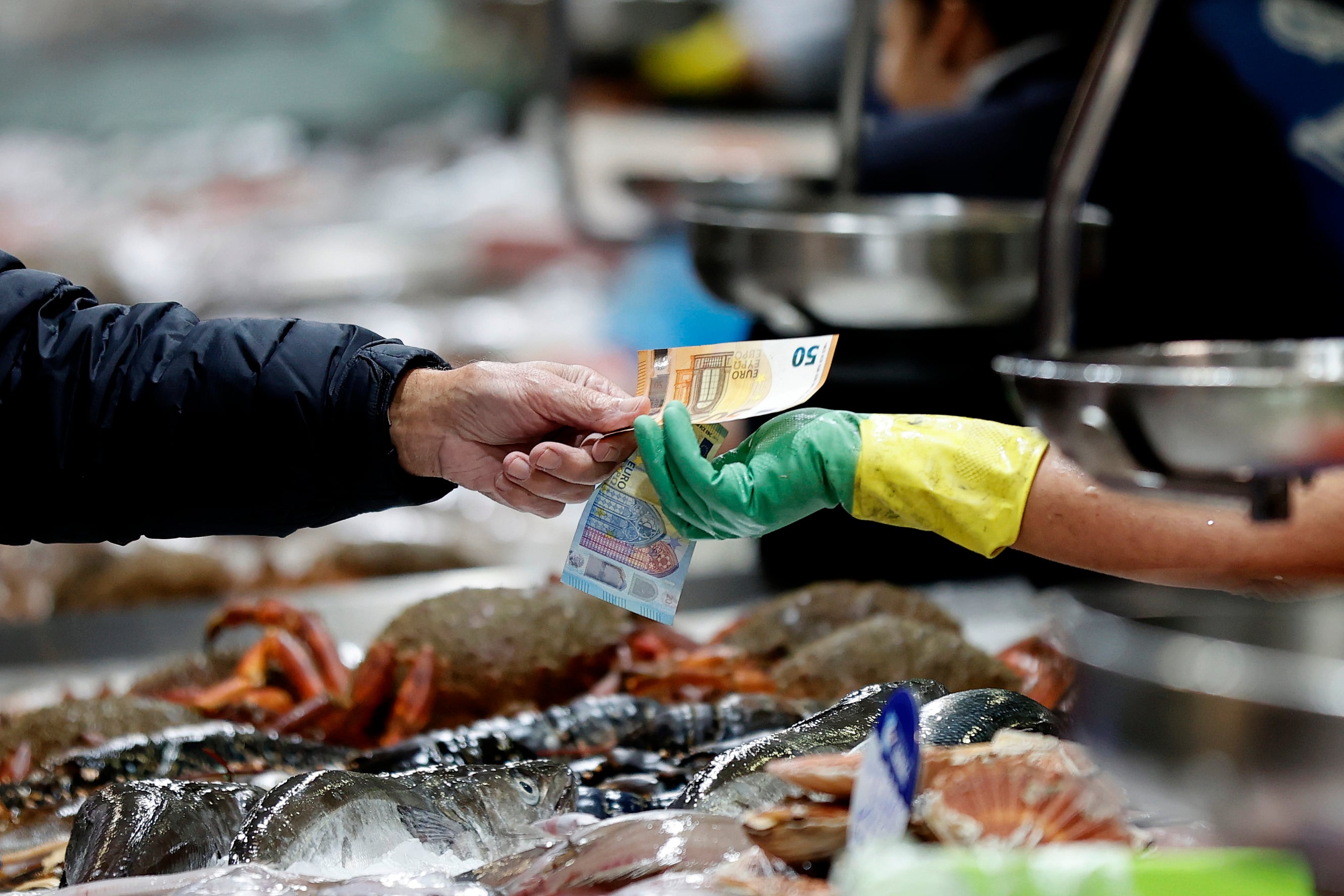 FOTODELDÍA A CORUÑA, 19/12/24.- Un hombre pagael pescado adquirido en uno de los puestos del mercado de la plaza de Lugo, en la ciudad de A Coruña, donde comienza a notarse el incremento de clientes que adelantan las compras de cara a las fiestas de la Navidad, con un &quot;buen ritmo de ventas y producto freso de primera calidad&quot;. EFE/Cabalar
