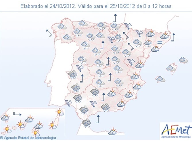 Previsión del tiempo para el jueves 25 de octubre de 2012