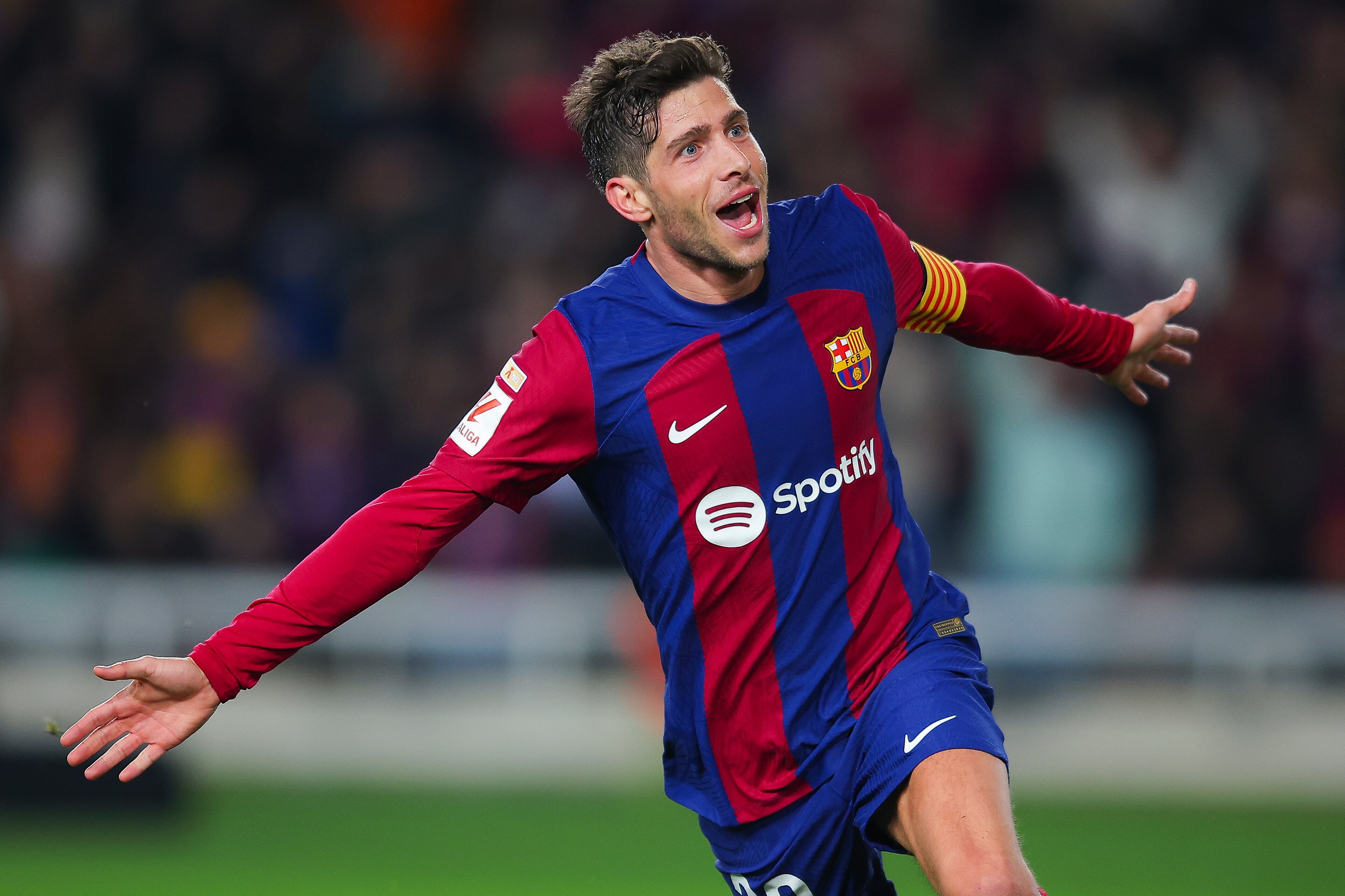 BARCELONA, SPAIN - DECEMBER 20: Sergi Roberto of FC Barcelona celebrates after scoring the team&#039;s third goal during the LaLiga EA Sports match between FC Barcelona and UD Almeria at Estadi Olimpic Lluis Companys on December 20, 2023 in Barcelona, Spain. (Photo by Eric Alonso/Getty Images)