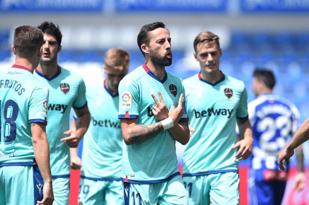 Jose Luis Morales of Levante UD celebrates after scoring their team&#039;s first goal during the La Liga Santander 