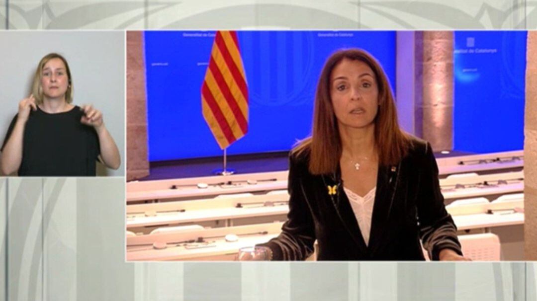 La portavoz del Govern, Meritxell Budó, en rueda de prensa telemática.