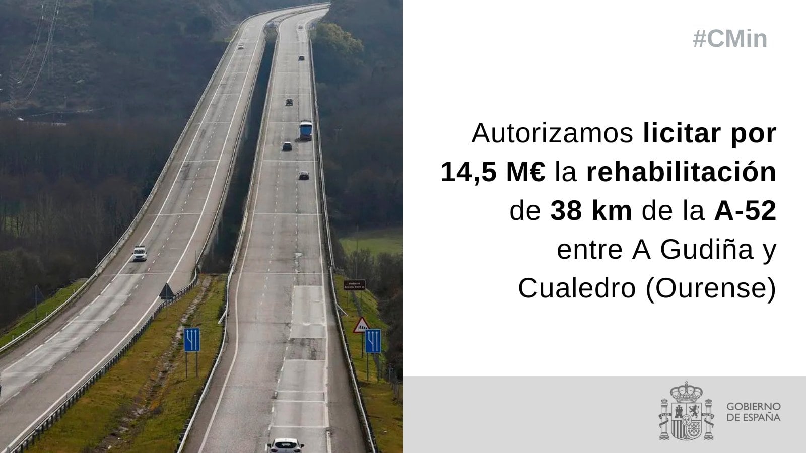 El Gobierno licita por 14,5 millones obras de rehabilitación en la A-52 en Ourense