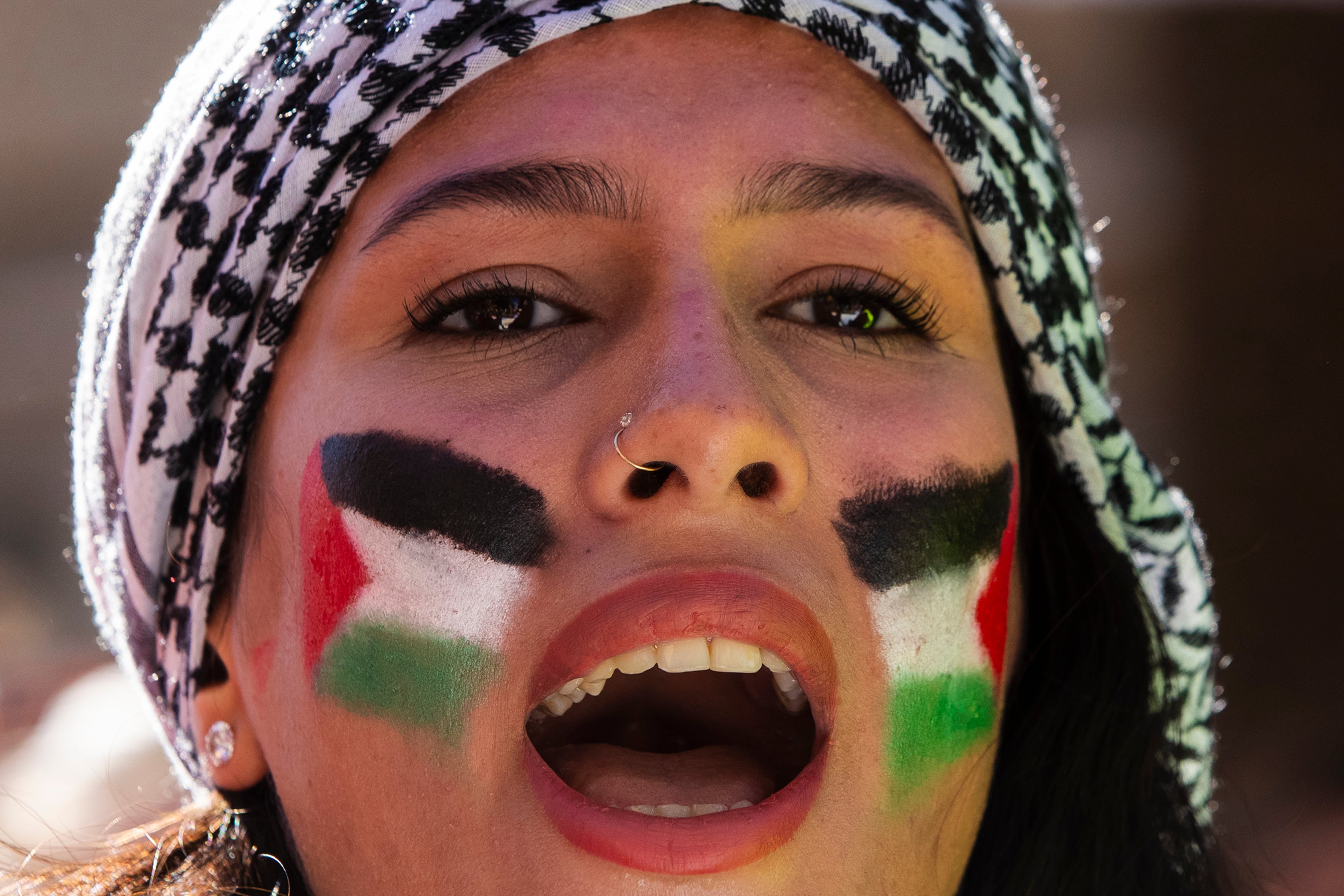 MÁLAGA (ANDALUCÍA), 12/11/2023.- Una mujer con la cara pintada con los colores de la bandera palestina durante la manifestación en apoyo del pueblo palestino, este domingo en el centro de Málaga. EFE/Jorge Zapata
