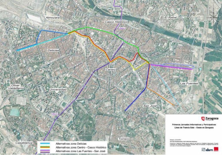 Plano de Zaragoza que recoge las distintas opciones para la segunda línea del tranvía