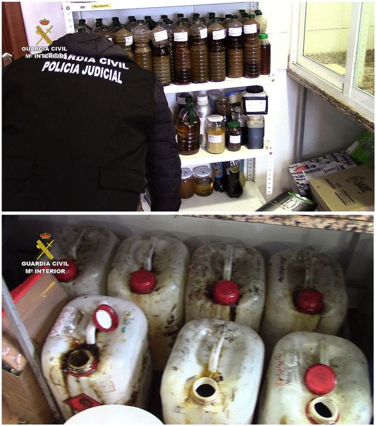 Fotografías facilitadas por la Guardia Civil, que ha detenido a nueve personas e intervenido más de 120 toneladas de aceite de girasol, aguacate y palma mezclados con aromatizantes y colorantes para que el producto pareciera aceite de oliva, en el marco d