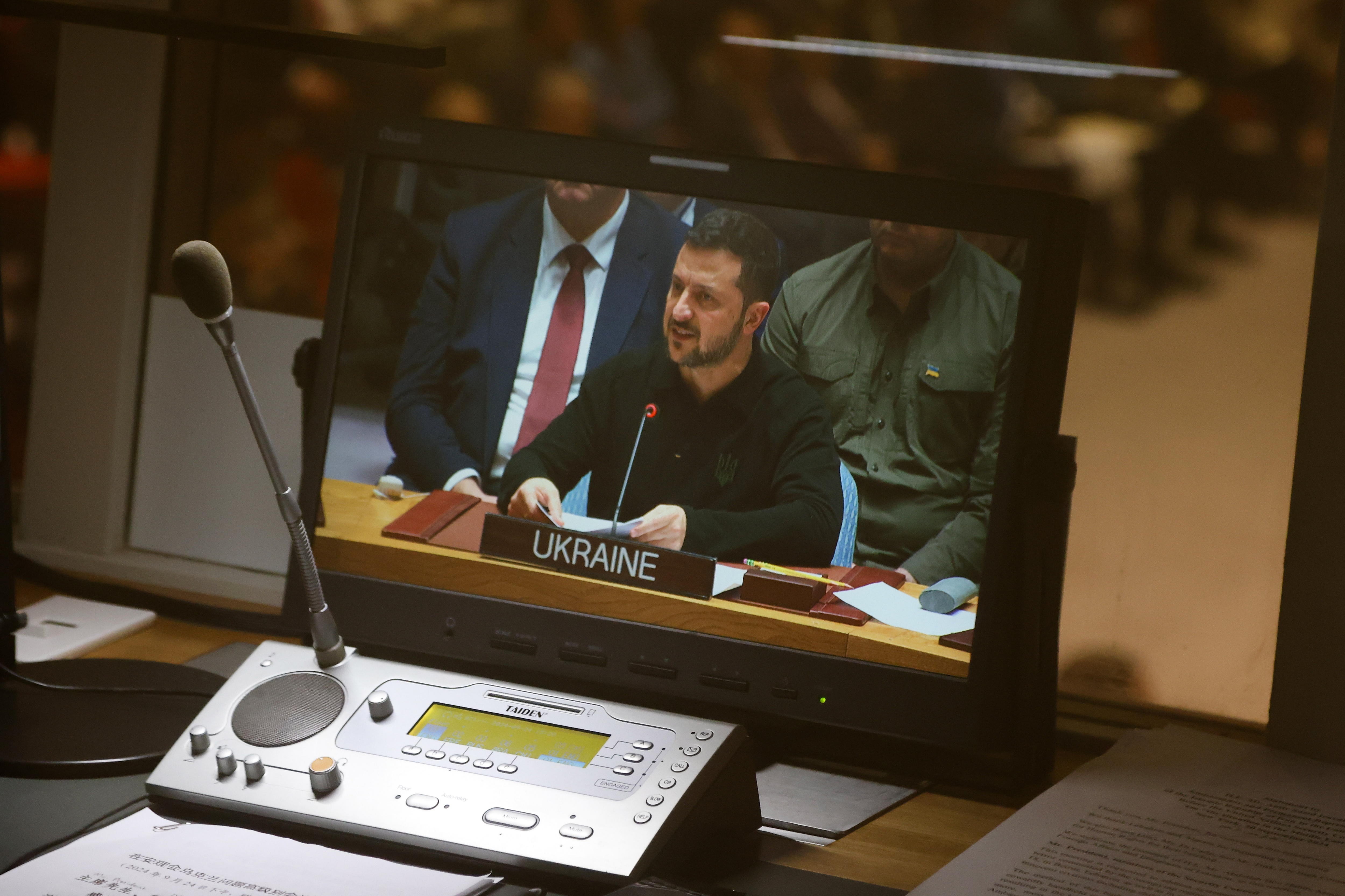 El presidente de Ucrania, Volodímir Zelenski, durante su intervención en la Asamblea General de la ONU.