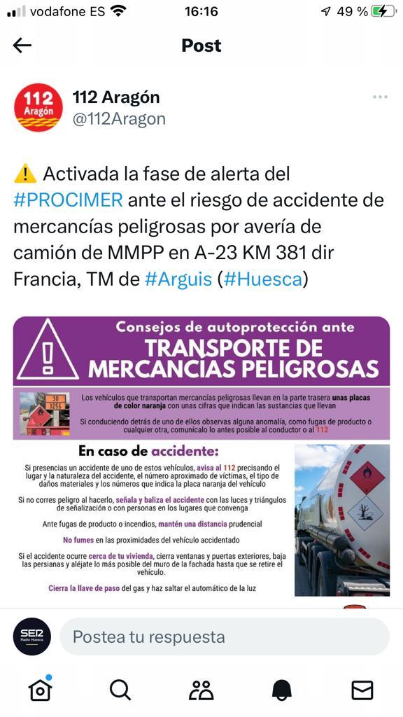 Tweet del 112 Aragón advirtiendo del problema carretero