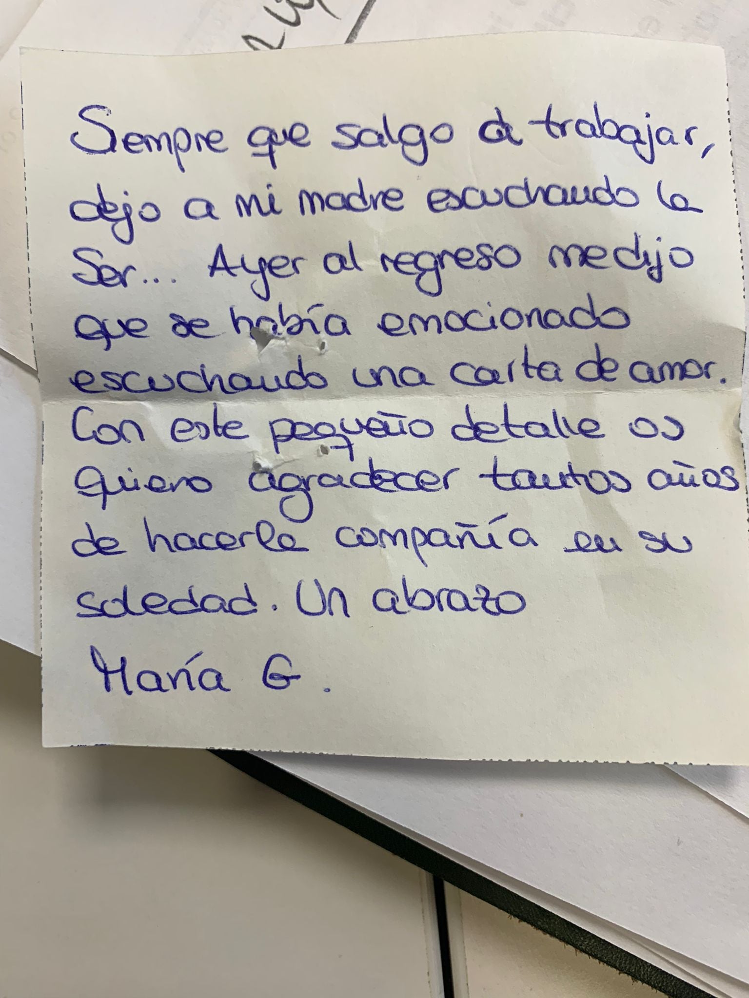 Detalle de la nota enviada por una oyente de la SER