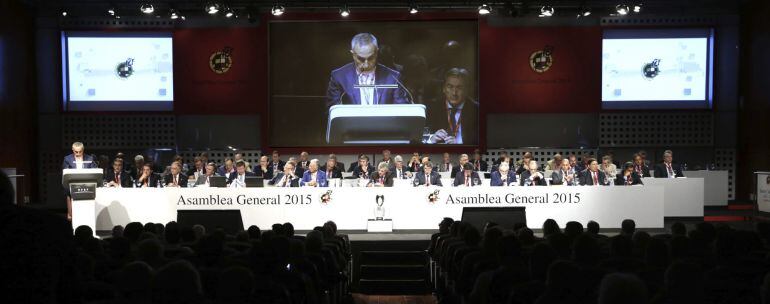 GRA095. LAS ROZAS (MADRID), 14/07/2015.- El presidente del Comité Olímpico Español (COE), Alejandro Blanco, pronuncia unas palabras durante la Asamblea General de la Real Federación Española de Fútbol que se celebra en la Ciudad del Fútbol de Las Rozas, en la que, entre otros asuntos, se sorteará el calendario de la Liga BBVA y Adelante de la temporada 2015-2016. EFE/Zipi
