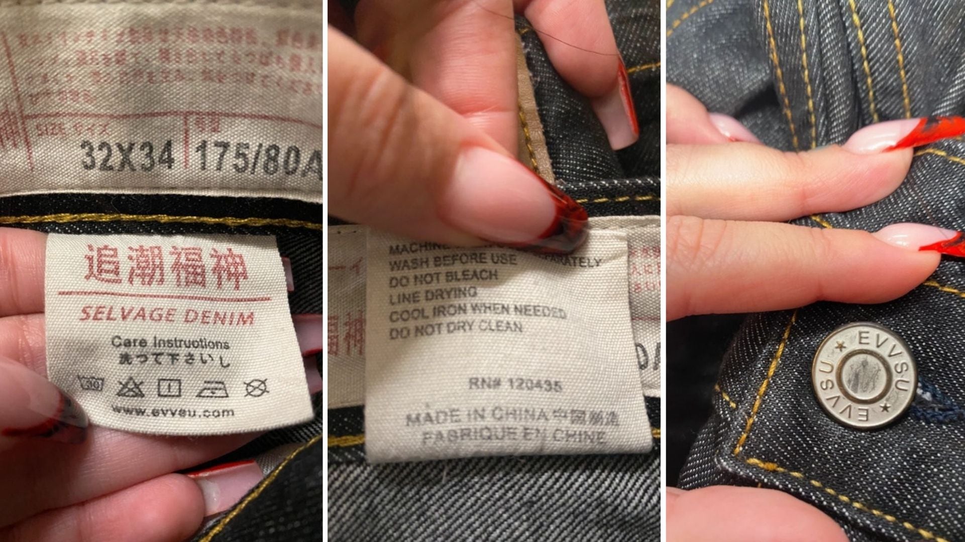 Detalles del pantalón falsificado de Evisu que le llegó a Elena Nieto.