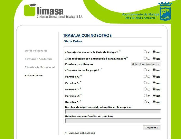 Cuarta página el formulario de Limasa en su web para los demandantes de empleo