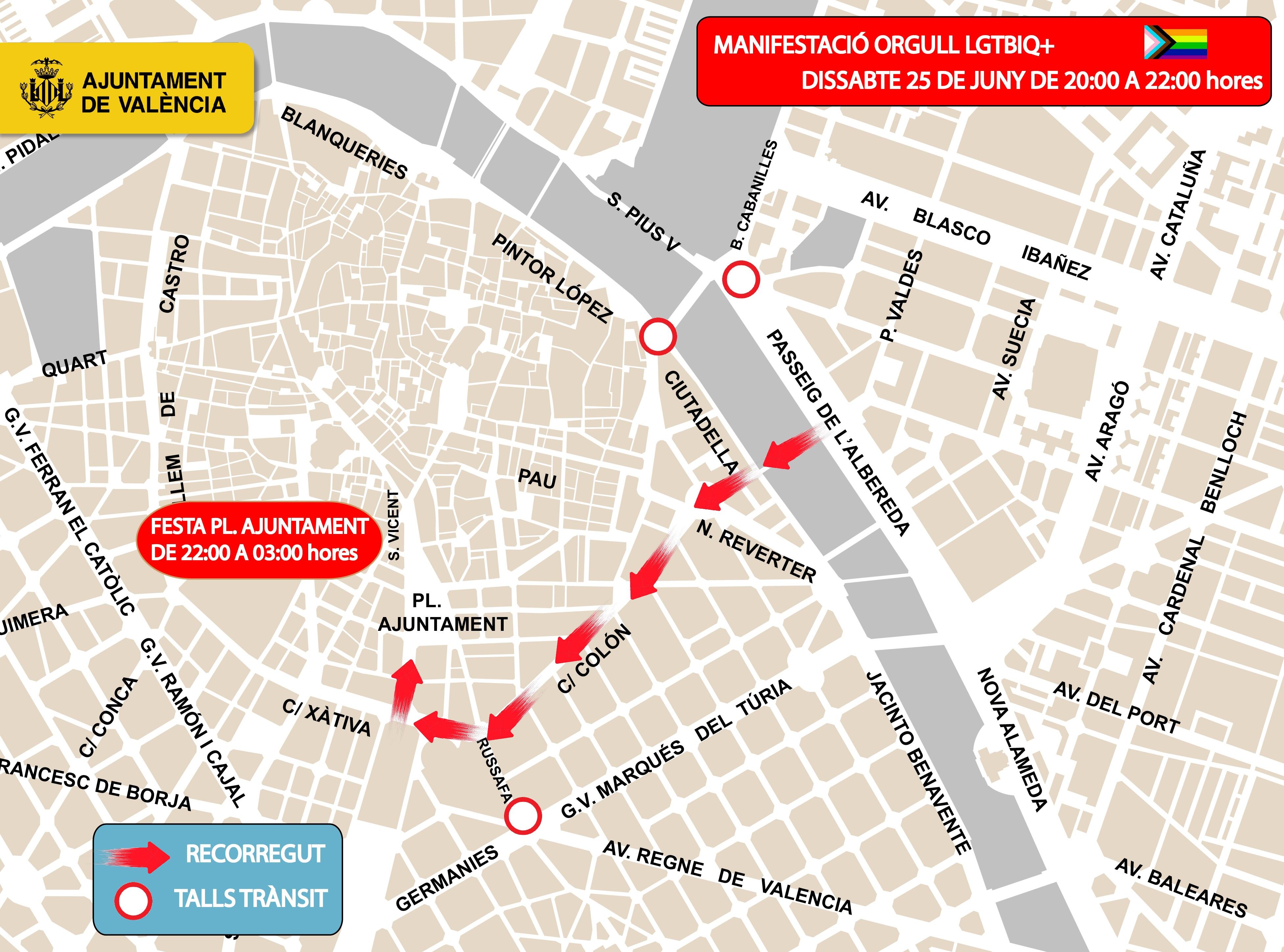 Recorrido de la manifestación del Orgullo de este 2022 en València.