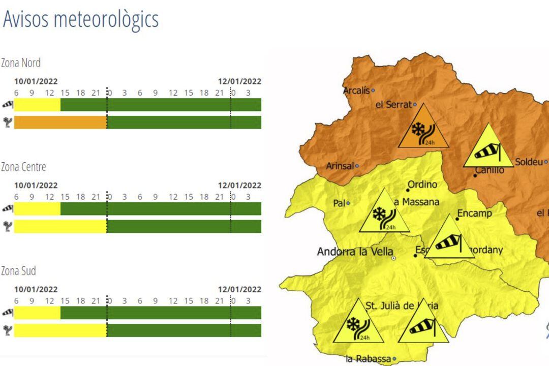 Mapa d'avisos meteorològics del Servei meteorològic d'Andorra per a les properes hores.