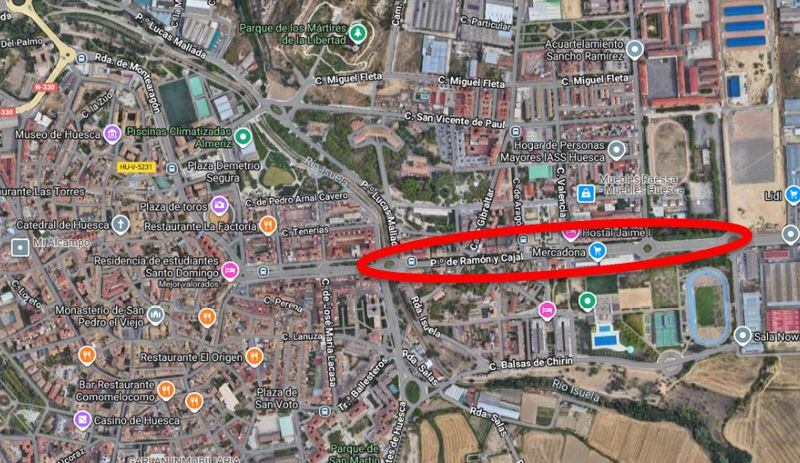 Tramo en el que se va a actuar en el paseo Ramón y Cajal, sobre una imagen de Google Maps