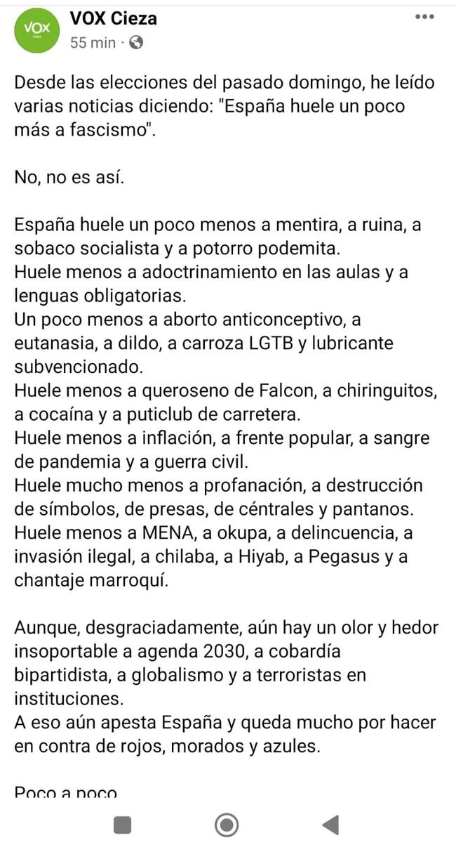 Mensaje de Vox Cieza en Facebook