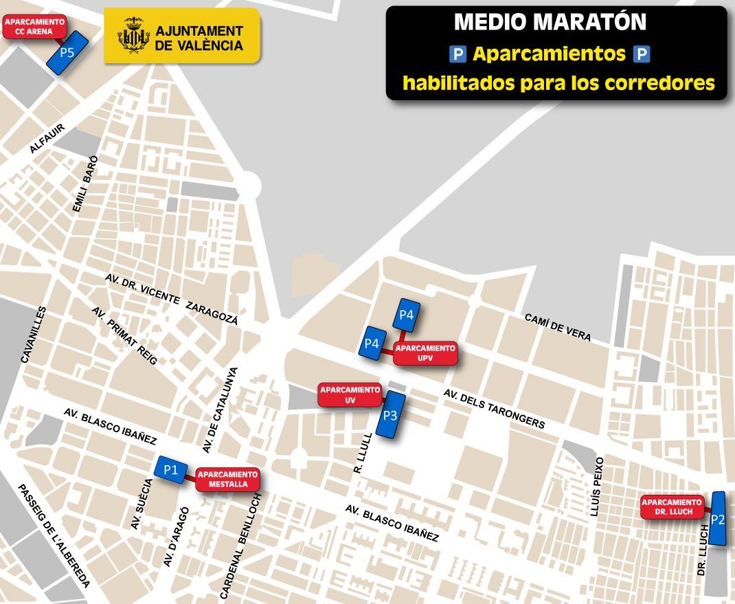 Aparcamientos habilitados para los corredores Medio Maratón 2025.