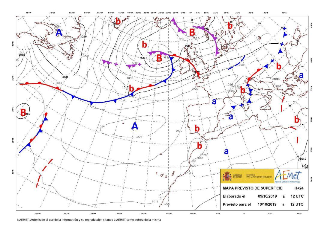 Mapa de isobaras previsto para el 10 de octubre.