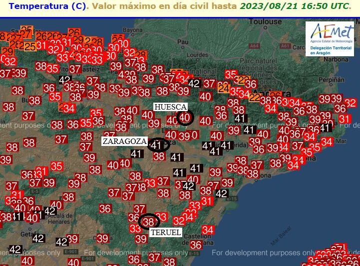 Temperaturas registradas en Aragón este lunes 21 de agosto