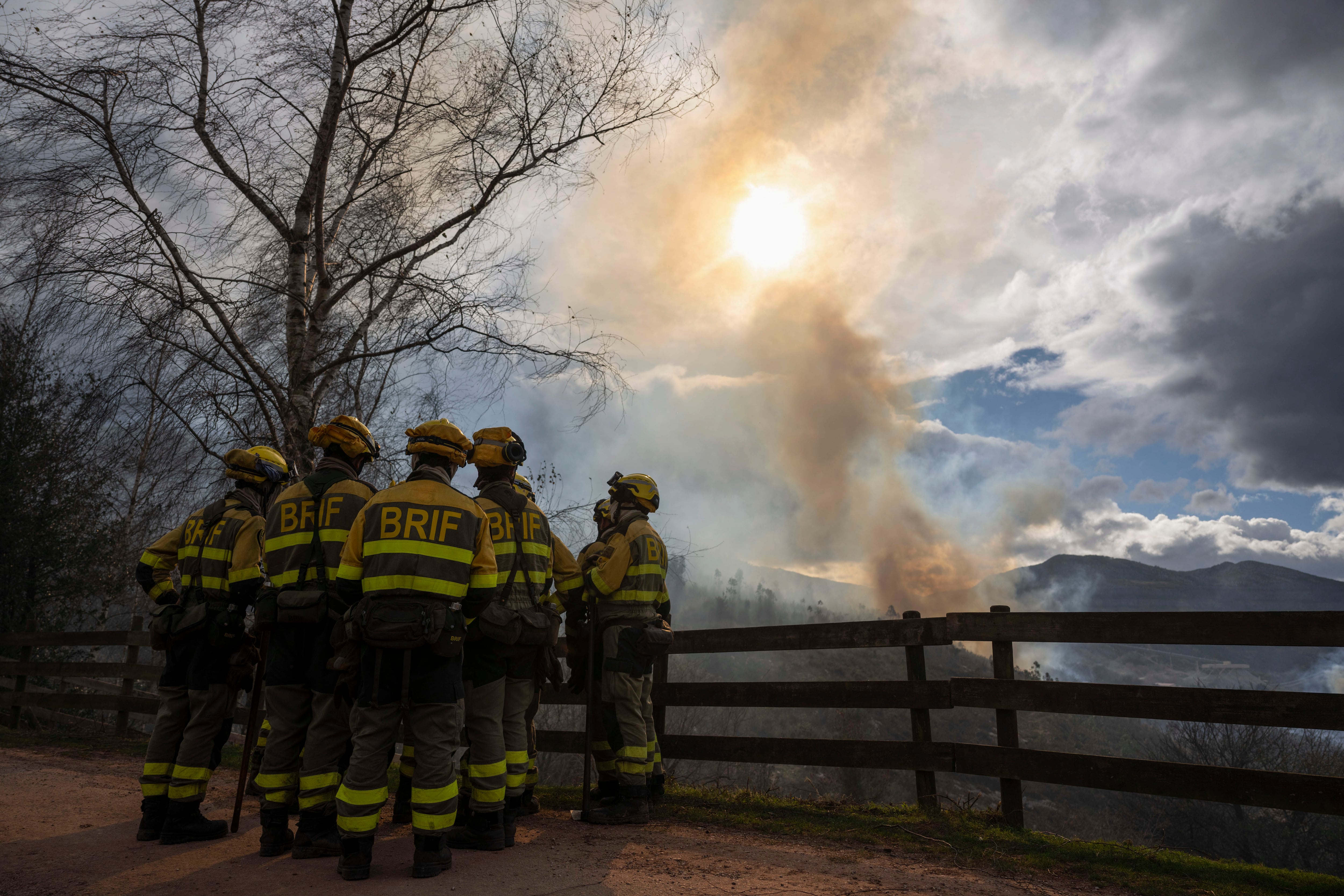 VIÉRNOLES (CANTABRIA) 14/11/2025.- Efectivos de las Brigadas de Refuerzo en Incendios Forestales (BRIF) del Ministerio junto a los Agentes del Medio Natural y bomberos forestales del Gobierno de Cantabria, trabajan en la la extinción de un incendio forestal declarado, este viernes, en los montes de la localidad cántabra de Viérnoles. EFE/Pedro Puente Hoyos
