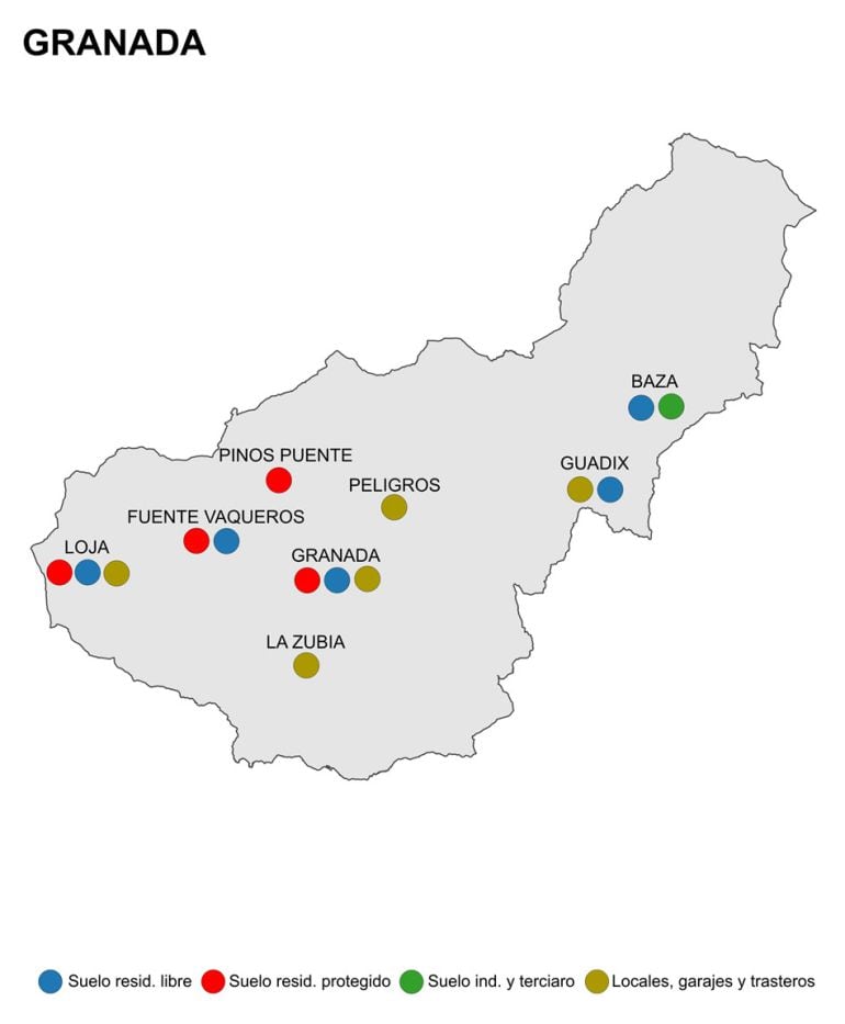 Mapa de la oferta de suelo público en la provincia de Granada lanzada por la Junta en noviembre de 2015