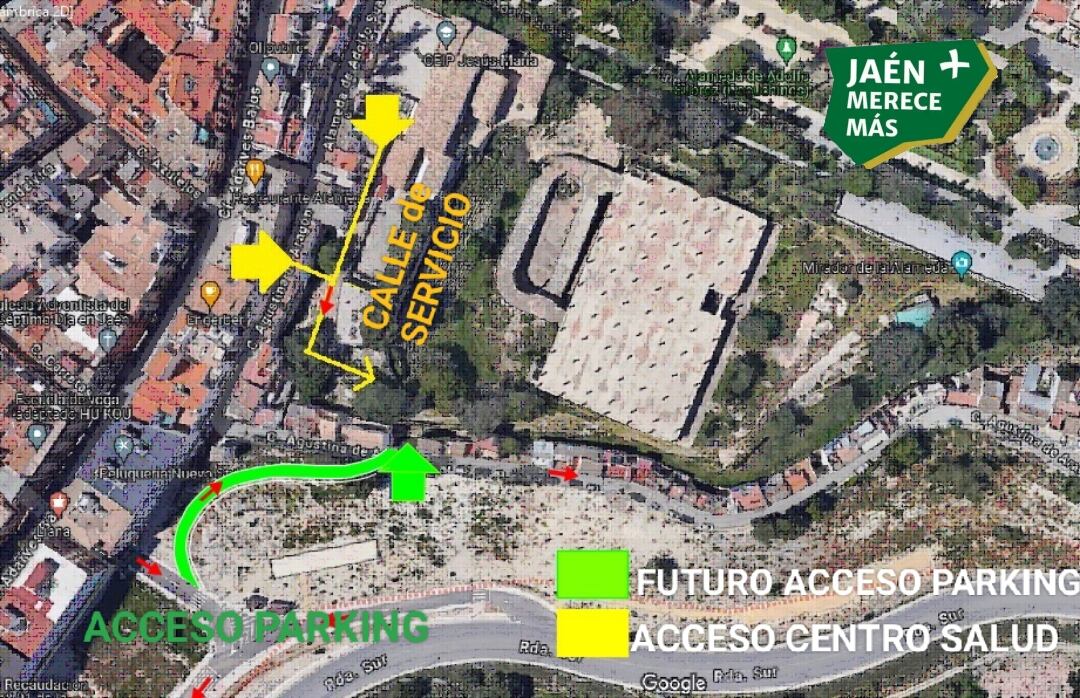 Mapa de la propuesta de Jaén Merece Más para acceder al nuevo centro de salud de la Alameda.