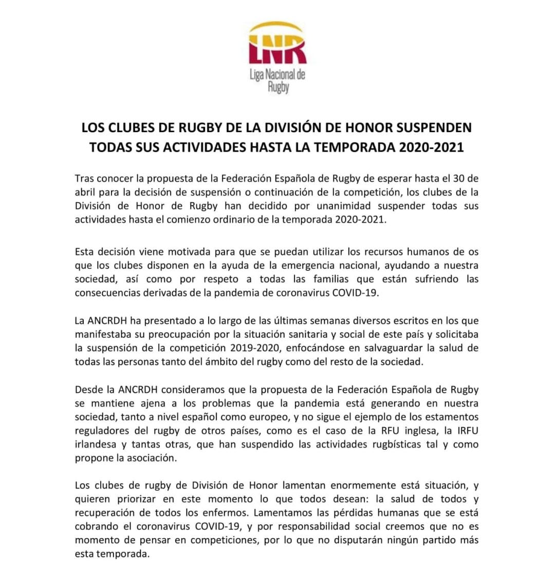 Imagen del comunicado emitido por los clubes de rugby de División de honor