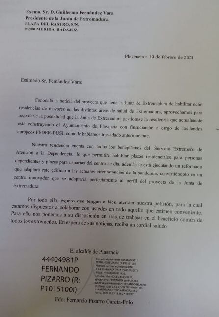 La carta remitida por el alcalde de Plasencia al presidente de la Junta de Extremadura