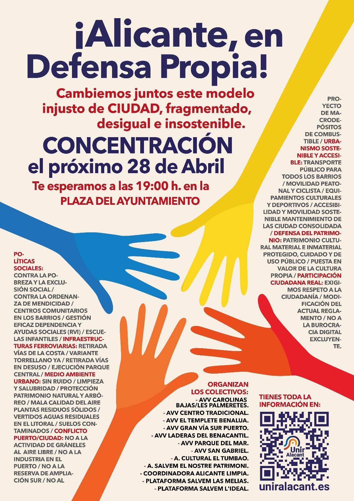 Cartel de la concentración convocada por Unir Alacant para el próximo 28 de abril