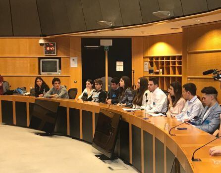 Alumnos y alumnas de San Gabriel en el momento de presentar su manifiesto en la sala de trabajo del Grupa Parlamentario Liberal al que pertenece la eurodiputada Beatriz Becerra