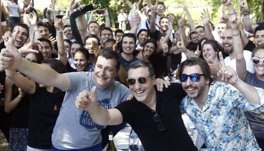 Spanish chefs of &quot;El Celler de Can Roca&quot; Joan Roca (C), Jordi Roca (R) and Josep Roca (L) pose with their employees at their restaurant in Girona on June 2, 2015. Spain&#039;s &quot;El Celler de Can Roca&quot; was crowned the world&#039;s best restaurant on June 1, 2015 winn