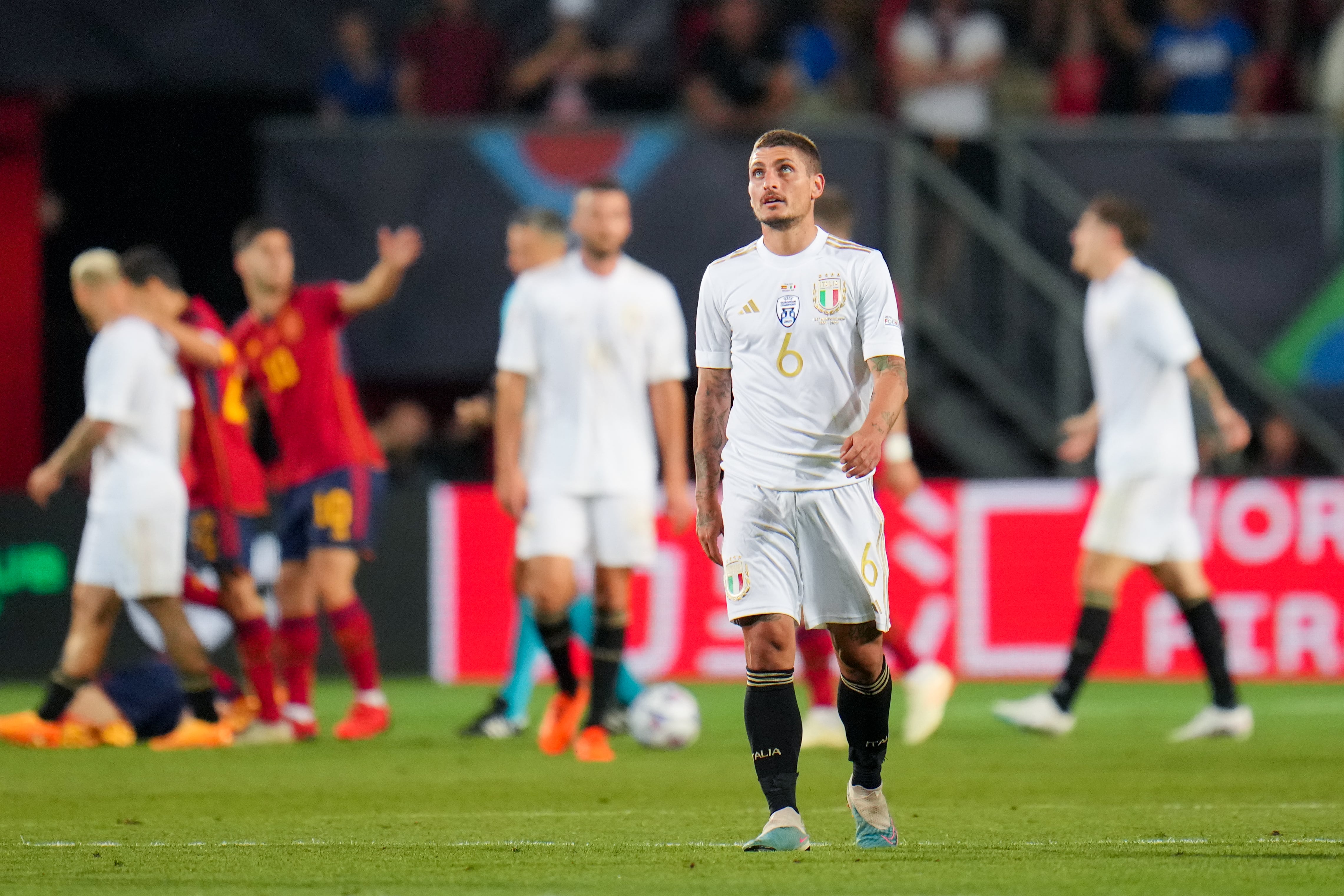 Marco Verratti lamenta el gol de Joselu en el España-Italia