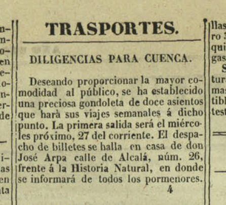 Anuncio de la diligencia de Cuenca, 1844.