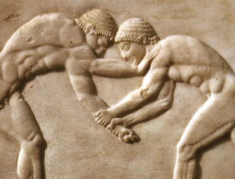 Luchadores, detalle decorativo de la estela que representa combate de lucha entre los atletas, ca 510 AC, del cementerio Kerameikos, Atenas, Grecia, la civilización griega, siglo 6 aC