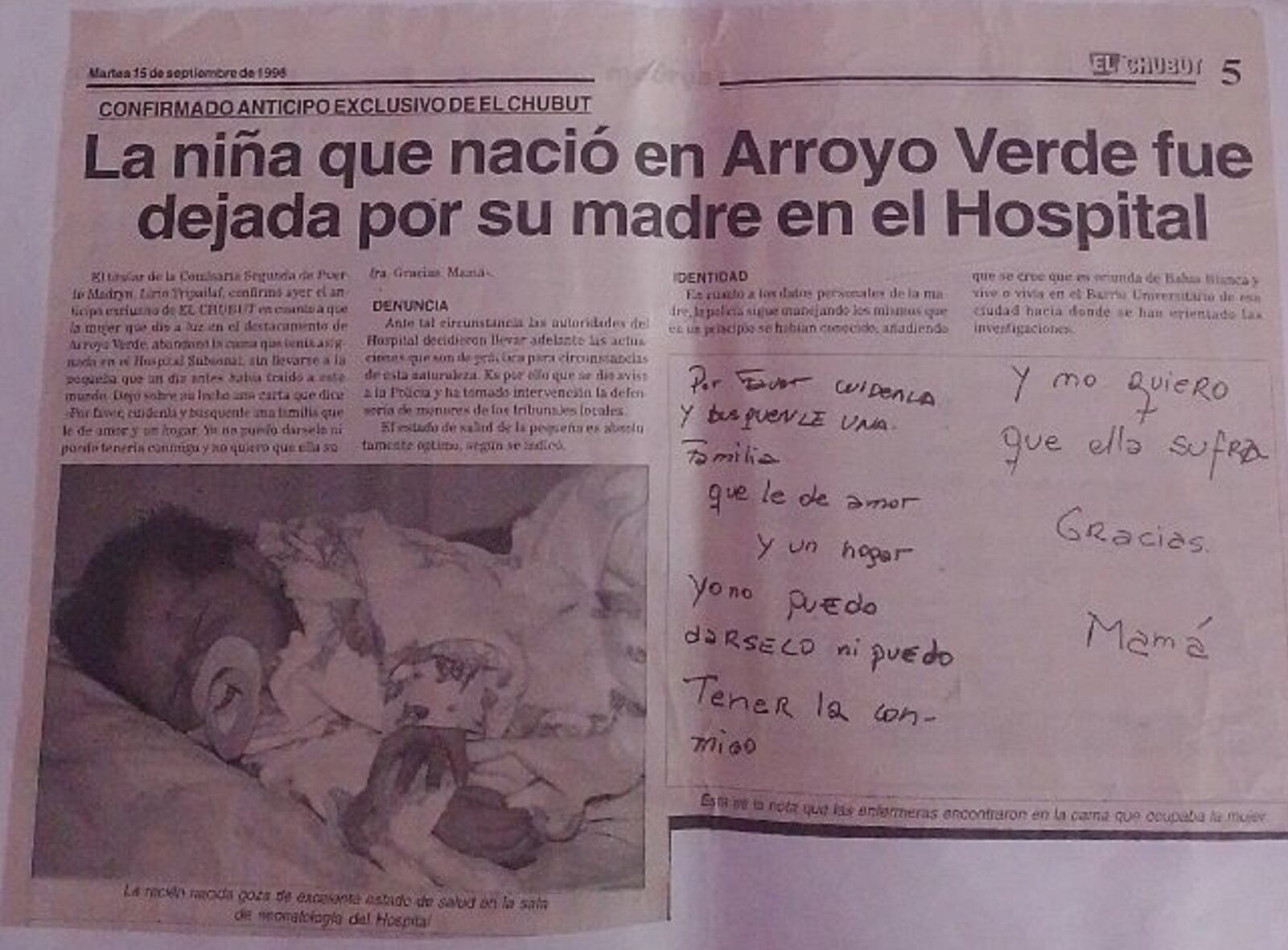 Recorte de periódico de la noticia de la bebé abandonada en 1998 (cuenta de Twitter de Gabi Quiñones).