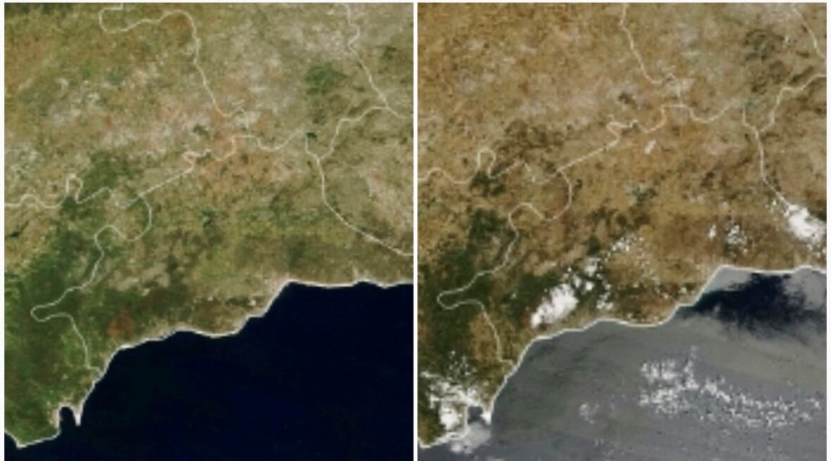 A la izquierda el verde previo a los años de sequía y a la izquierda la imagen actual en marrón