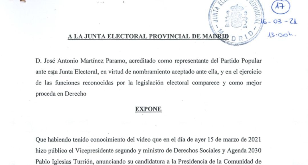 Captura de la denuncia presentada por el PP.