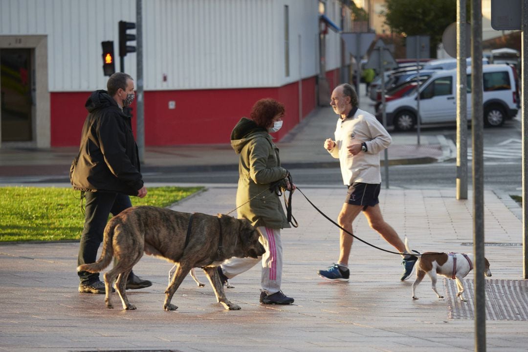 Una persona pasea a sus dos mascotas mientras un corredor se cruza a su paso.