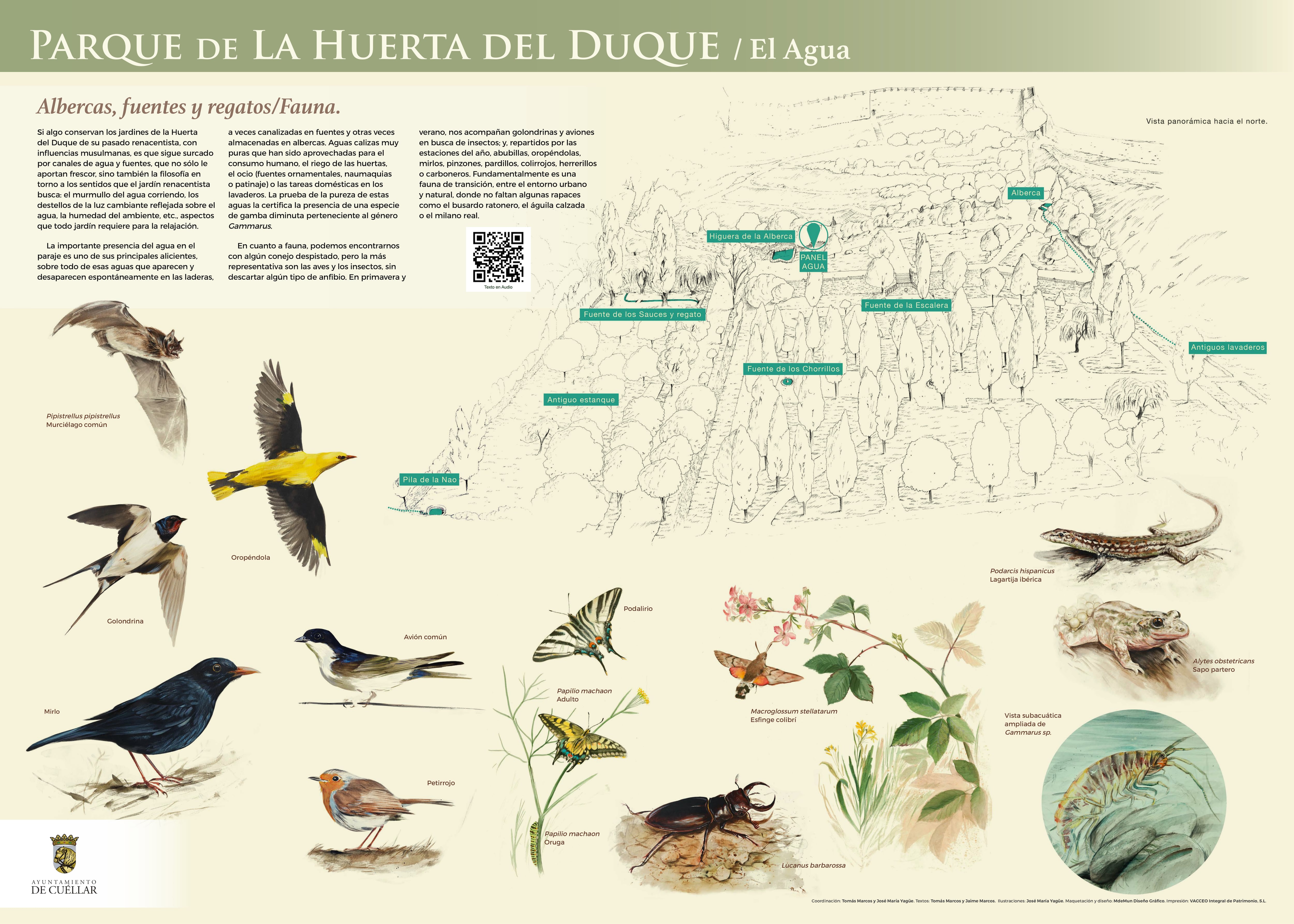 Panel de fauna y agua en el Parque de la Huerta del Duque de Cuéllar