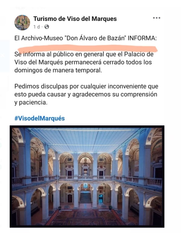 Anuncio del cierre temporal del Palacio en las redes sociales del Ayuntamiento de Viso del Marqués