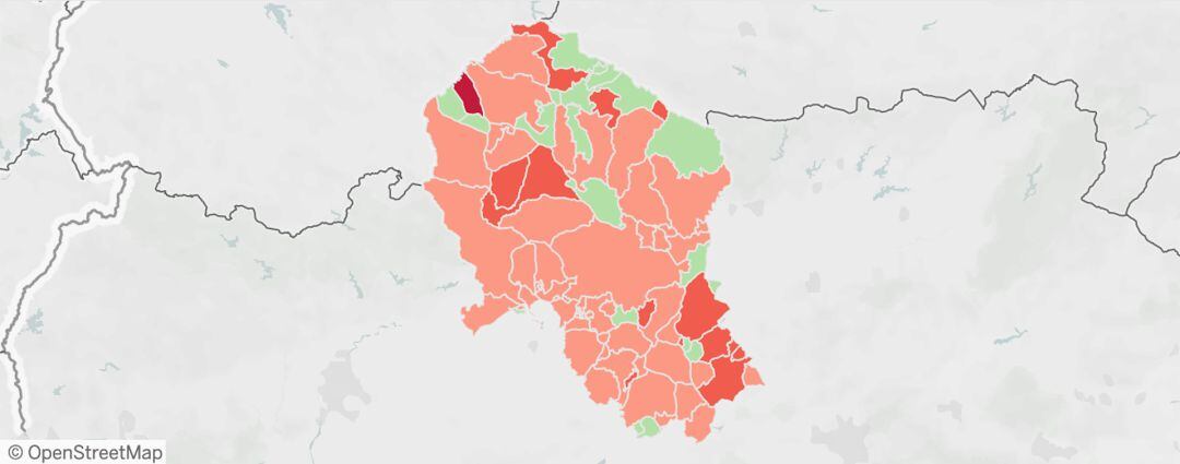 Mapa de la provincia de Córdoba escalado por colores según la tasa de incidencia acumulada en los últimos 14 días