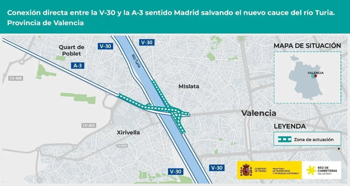 Plano del ámbito de actuación del proyecto de  trazado de nueva conexión directa entre la V-30 y la A-3