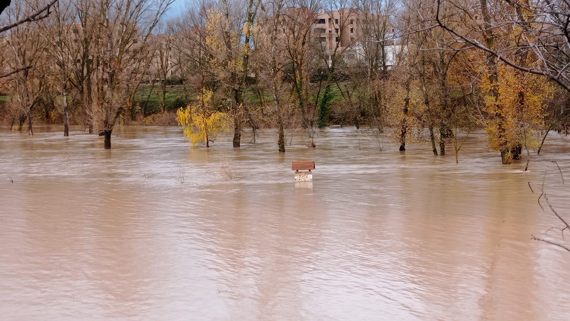 La crecida del río ha anegado la zona que se ha adecuado para recibir las avenidas