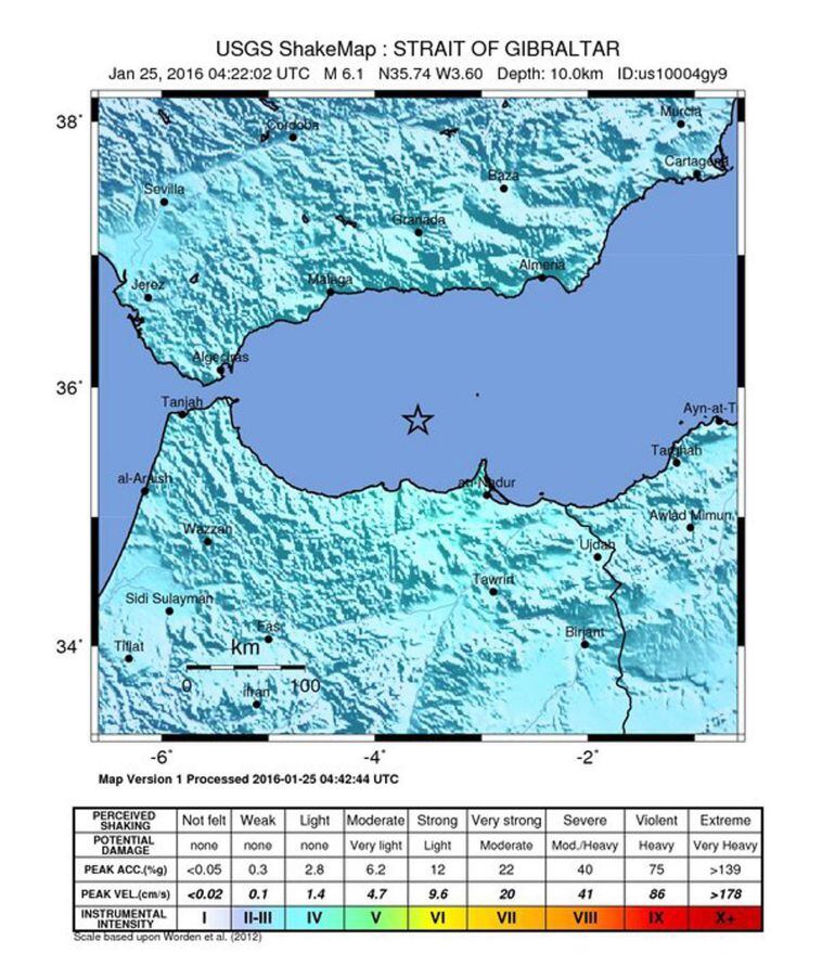 Mapa sísmico del mar de Alborán donde se indica el lugar donde se ha registrado el terremoto de 6,3 grados que se ha registrado en el madrugada del día 25 de Enero del 2016.