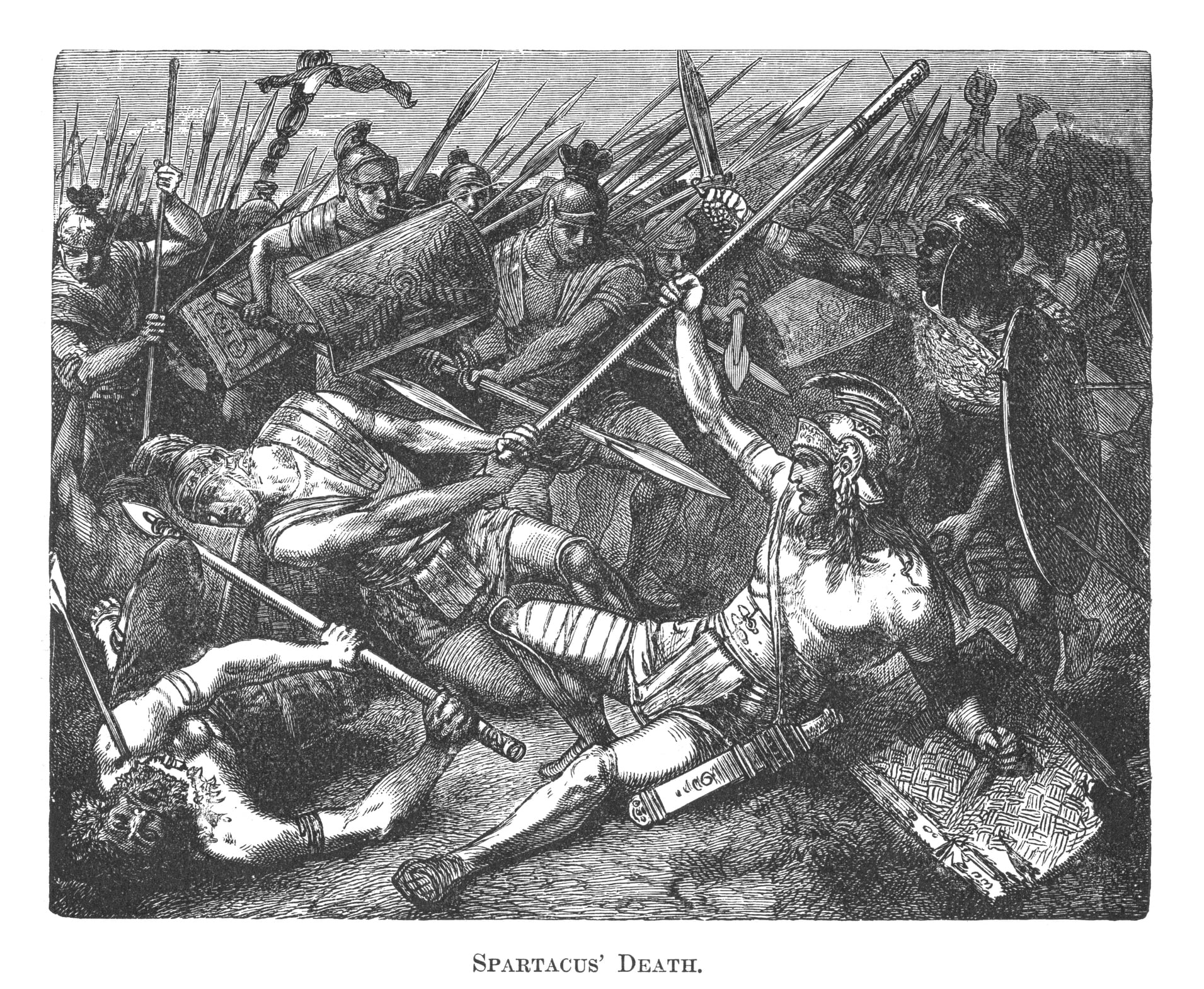 Copyright has expired on this artwork. From my own archives, digitally restored.A gladiator, armed combatant who entertained audiences in the Roman Republic and Roman Empire in violent confrontations with other gladiators, wild animals, and condemned criminals.
Spartacus ( c. 111 - 71 BC) - Thracian gladiator who, along with the Gauls Crixus, Gannicus, Castus, and Oenomaus, was one of the escaped slave leaders in the Third Servile War, a major slave uprising against the Roman Republic.