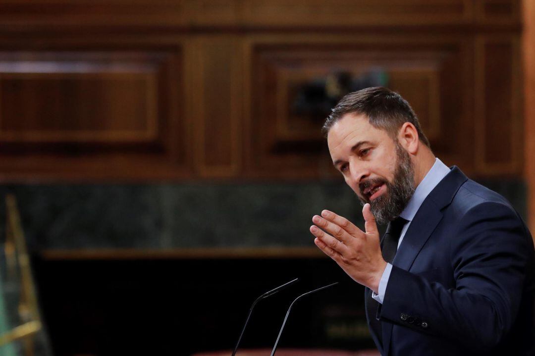 El líder de VOX, Santiago Abascal, interviene en el pleno del Congreso que debate y vota este miércoles la quinta prórroga del estado de alarma, en Madrid